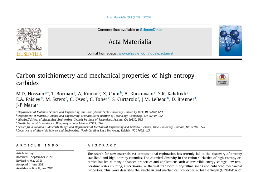 Graphical abstract for Carbon Stoichiometry and Mechanical Properties of High Entropy Carbides