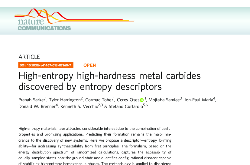 Graphical abstract for High-entropy high-hardness metal carbides discovered by entropy descriptors